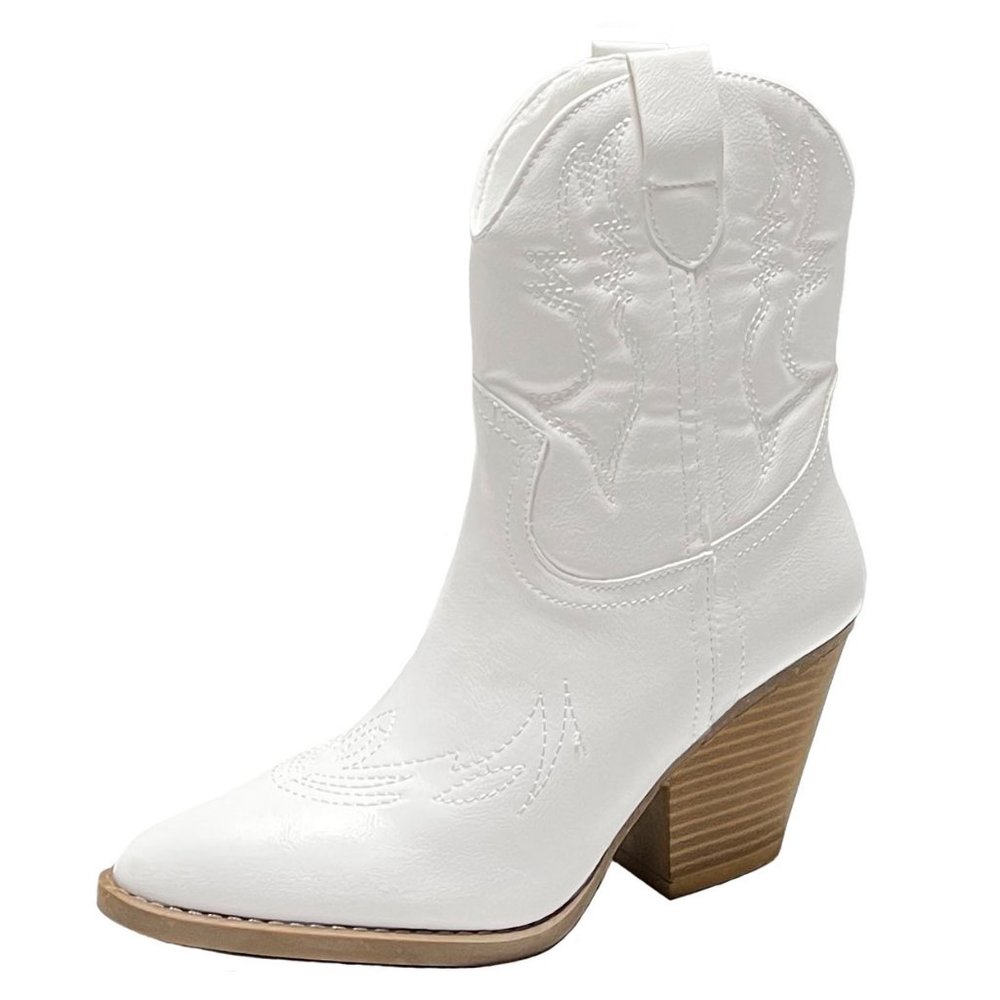 Women’s White Western Ankle Boot with Stacked Heel